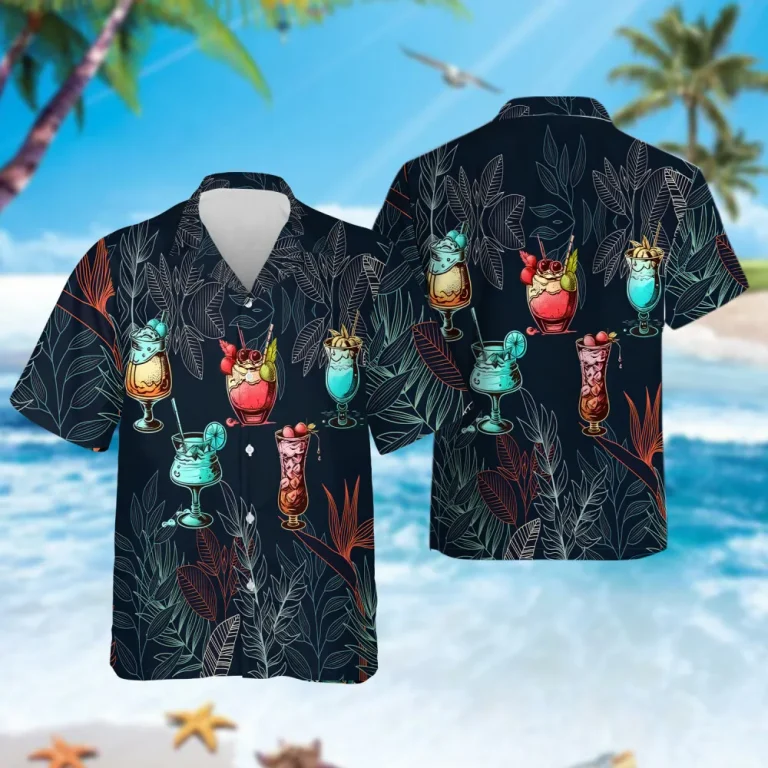 Fruit Cocktail Men Hawaiian Shirt, Vacation Beach Aloha Shirts, Summer Bar Hawaii Clothing, Tropical Leaves Pattern Top, Comfy Relaxed Fit