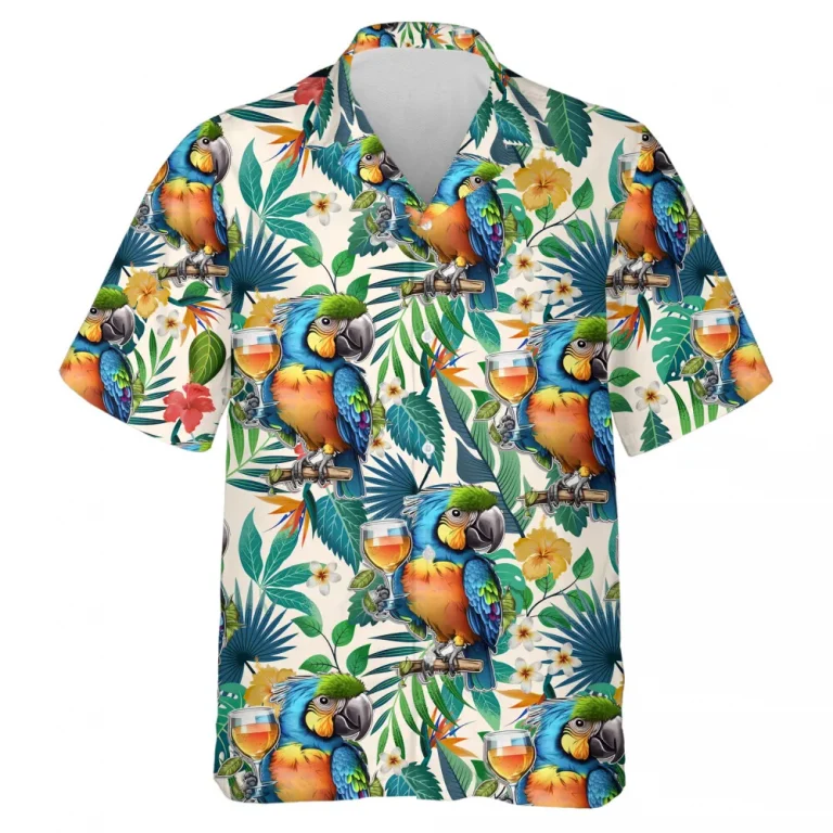 Blue-and-gold Macaw Parrot And Cocktail Men Hawaiian Shirt, Funny Animal Aloha Beach Button Down Shirts, Short Sleeve Hawaii Shirt