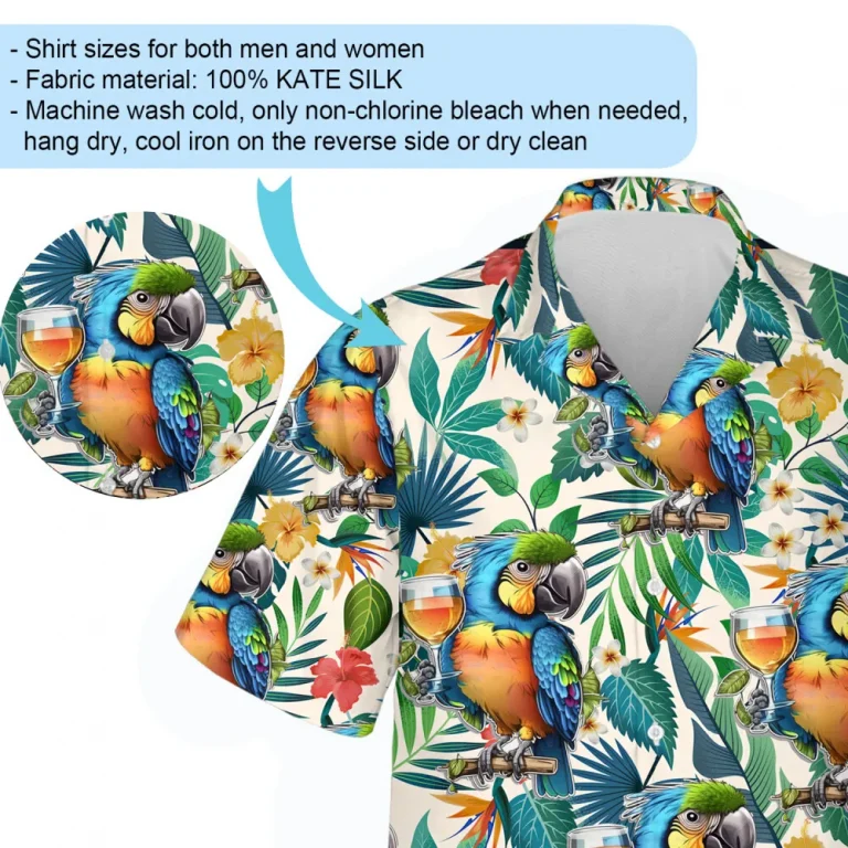 Blue-and-gold Macaw Parrot And Cocktail Men Hawaiian Shirt, Funny Animal Aloha Beach Button Down Shirts, Short Sleeve Hawaii Shirt