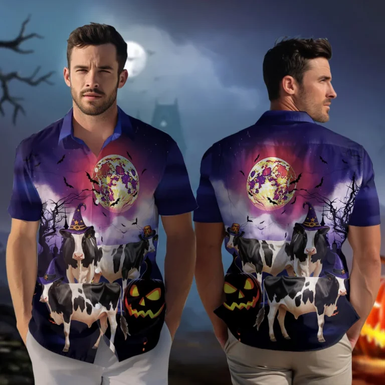 Halloween Dairy Cow Men Hawaiian Shirt, Spider Web Party Aloha Clothing, Halloween Movie Aloha Shirt, Relaxed Men's Wear