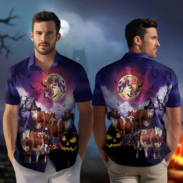 Cow Herd Printed Hawaiian Shirt, Halloween Night Aloha Beach Button Down Shirts, Scary Halloween Party Clothing, Custom Boyfriend Summer Shirt