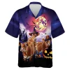 Cow Under Moonlight Men Hawaiian Shirt, Halloween Pumpkin Aloha Shirts, Dark Forest Patterned Top, 3d Hawaiian Aloha Shirt, Funny Hawaii Shirt