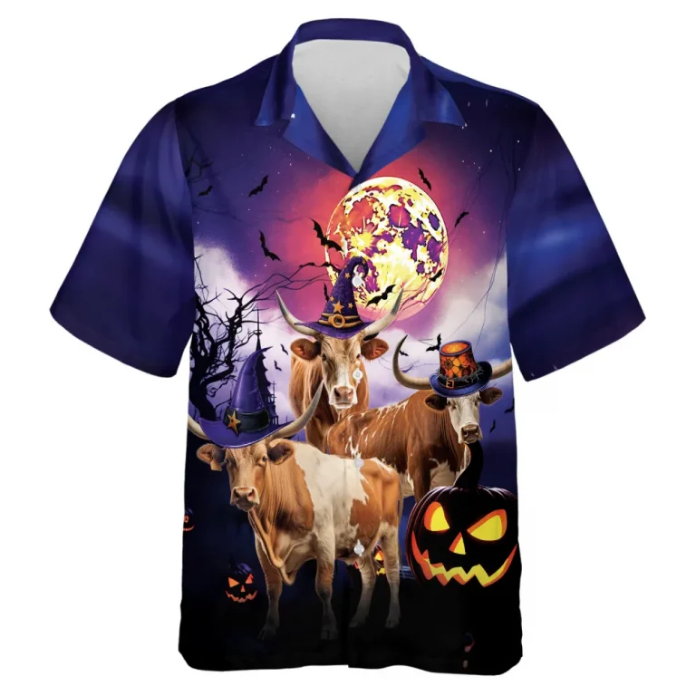 Texas Longhorn Cows Wear Witch Hat Hawaii Shirt, Spooky Pumpkin Halloween Aloha Beach Button Down Shirts, Summer Men's Hawaiian Shirt