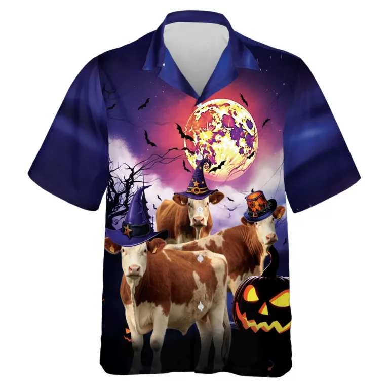 Simmental Cattle Men Hawaiian Shirt, Spooky Halloween Night Aloha Beach Button Down Shirts, Pumpkin Aloha Beach Clothing, Summer Men's Hawaiian Shirt