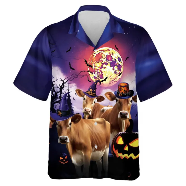 Jersey Cows Wear Funny Hat Men Hawaiian Shirt, Sculptured Pumpkin Halloween Aloha Beach Button Down Shirts, Halloween Party Clothing, Unisex Wear