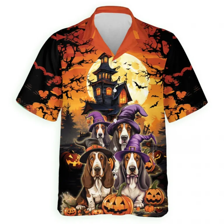 Basset Hound All Over Printed Hawaii Shirt, Spooky Halloween Night Aloha Beach Button Down Shirts, Pumpkin Aloha Beach Clothing, Summer Men's Shirt