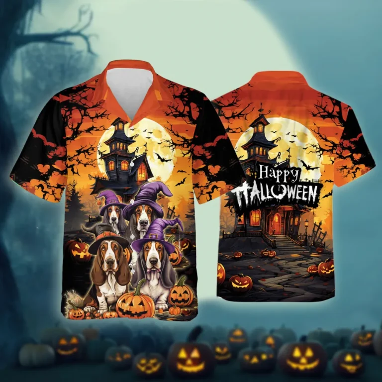 Basset Hound All Over Printed Hawaii Shirt, Spooky Halloween Night Aloha Beach Button Down Shirts, Pumpkin Aloha Beach Clothing, Summer Men's Shirt