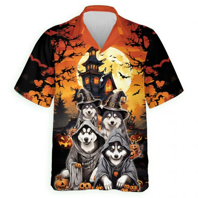 Halloween Siberian Husky Men Hawaiian Shirt, Animal Printed Aloha Beach Shirts, Halloween Button Down Top, Spooky Casual Clothing, Men's Wear