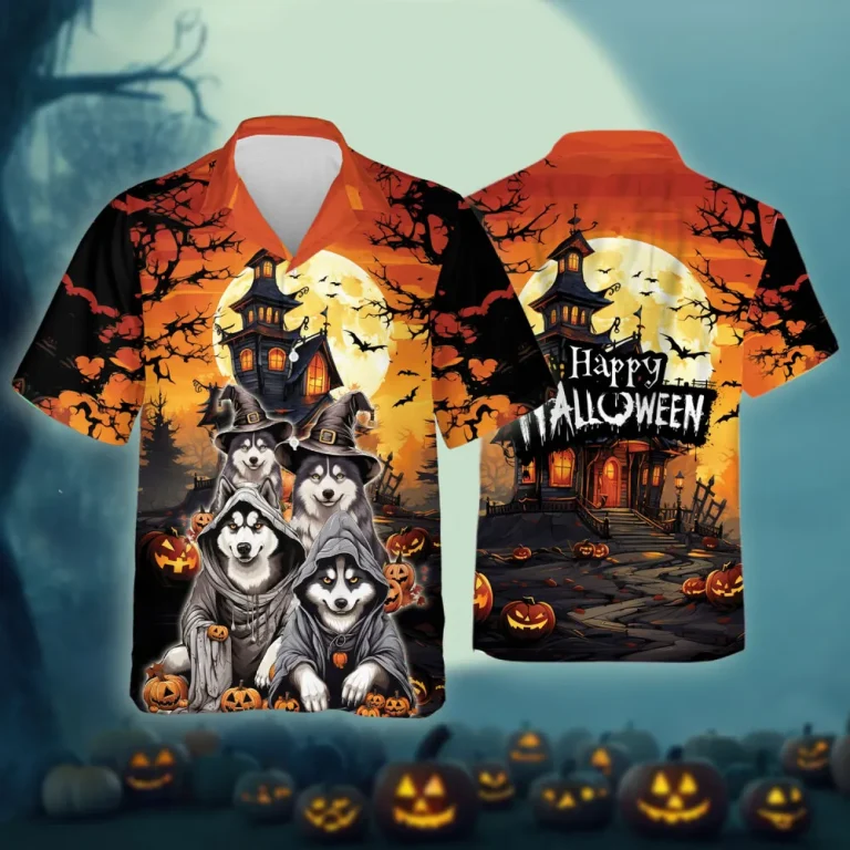 Halloween Siberian Husky Men Hawaiian Shirt, Animal Printed Aloha Beach Shirts, Halloween Button Down Top, Spooky Casual Clothing, Men's Wear