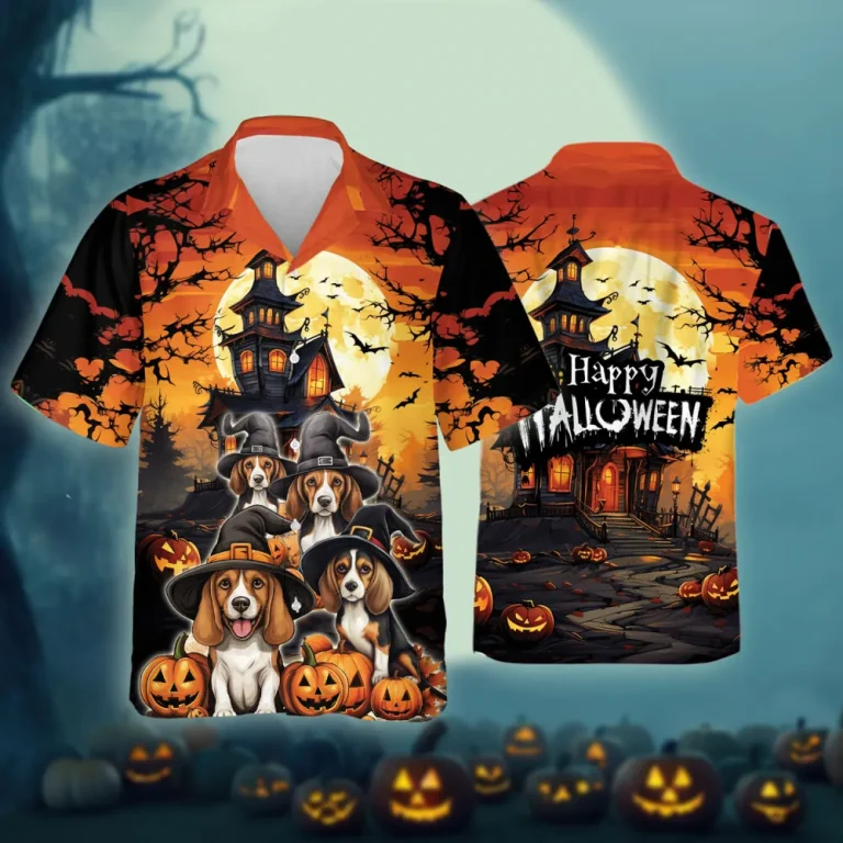 Funny Beagle In Witch Castle Hawaii Shirt, Halloween Party Group Aloha Shirts, Animal Printed Hawaiian Shirts, Animal Lover Button Down Shirt