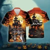 Halloween Boston Terrier Men Hawaiian Shirt, Dog Aloha Beach Button Down Shirts, Halloween Glowing Pumpkins By Night With Bat Hawaiian Shirt