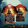 Halloween Dachshund Men's Hawaii Shirt, Dog Aloha Beach Shirts, Halloween Candled Pumpkins By Night With Bat Hawaiian Shirt