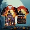 Halloween French Bull Dog Men Hawaiian Shirt, Dog Aloha Beach Button Down Shirts, Halloween Candled Pumpkins By Night Forest Hawaiian Shirt