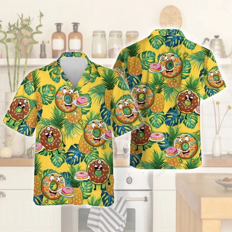 Cute Donuts Eating Donut Hawaiian Shirt For Men Women, Tropical Pineapple Aloha Beach Shirts, Uniquely Printed Mens Button Down Shirt