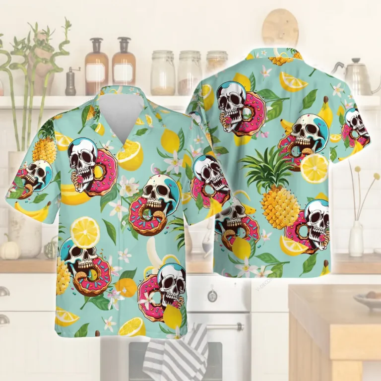 Skull Eating Donut Unisex Hawaii Shirt, Tropical Leaves Aloha Beach Shirts, Lemon Slices Patterned Mens Button Down Shirt