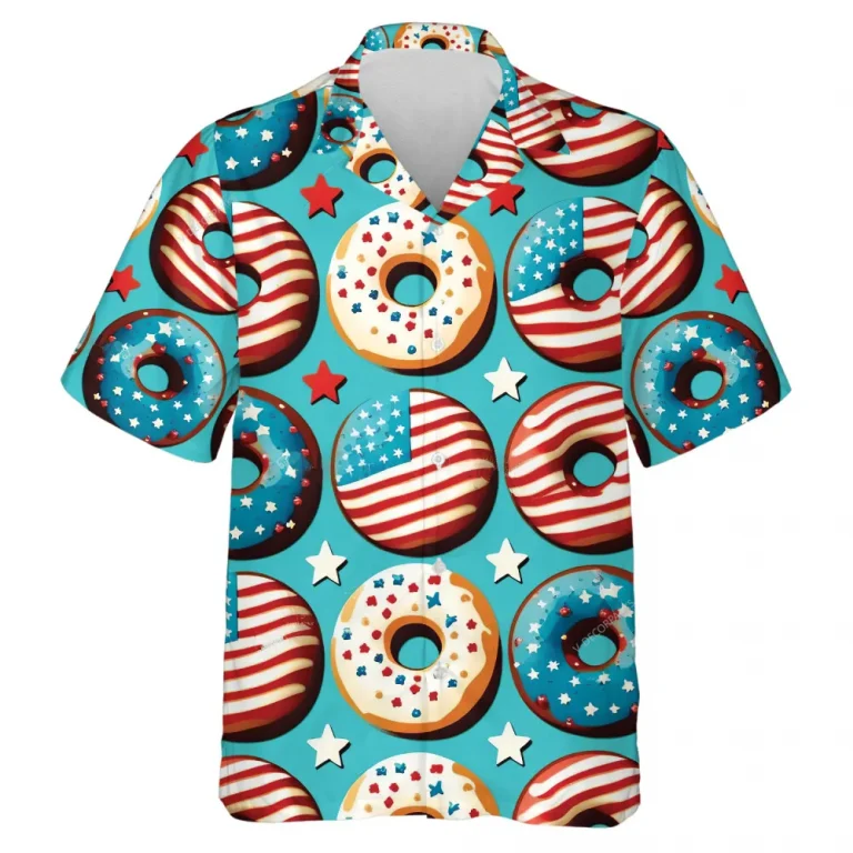 American Decorated Donuts Hawaiian Shirt For Men Women, Usa Flag Aloha Beach Shirts, Summer Unisex Button Down Shirt, Beach Party Group Clothing