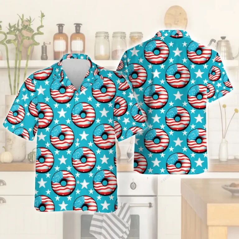 Usa Flag Patterned Donuts Hawaiian Shirt For Men Women, Star Pattern Aloha Beach Shirts, Starry Sky Mens Button Down Shirt, Independence Day Clothing