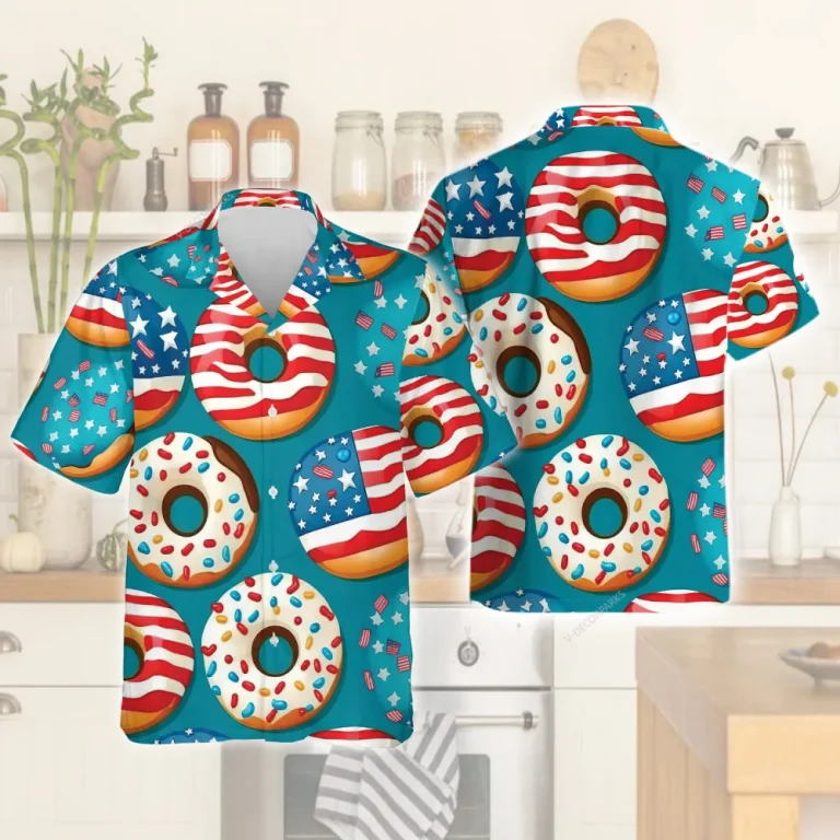 America Donuts Pattern Unisex Hawaiian Shirt, Sweets Aloha Beach Shirts, Men's Casual Wear, Celebration Ceremony Clothing, Usa Lover Hawaii Shirt