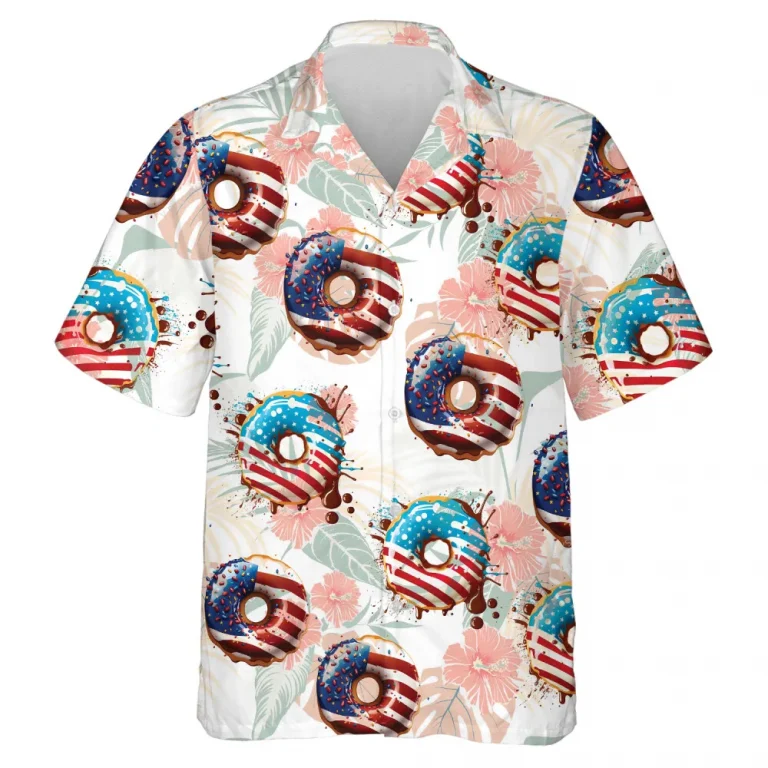 Donuts And Hibiscus Patterned Hawaii Shirt For Everyone, Tropical Flowers Aloha Beach Shirts, Usa Flag Printed Mens Button Down Shirt