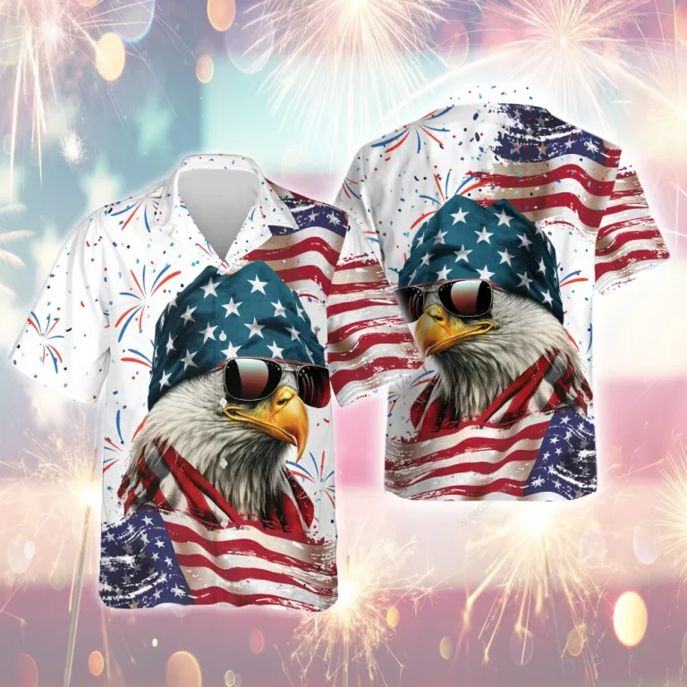 American Great Eagle Men's Hawaiian Shirt, Usa Flag Aloha Beach Shirts, Independence Day Men's Button Down Shirt, Firework Patterned Clothing