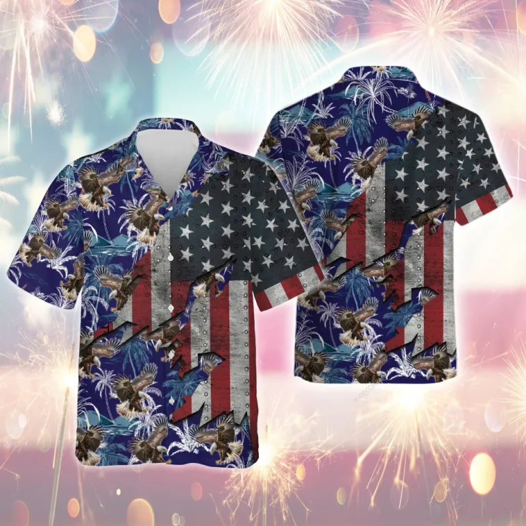 Tropical Palm Eagle Hawaii Shirt For Men Women , American Flag Aloha Beach Shirts, Patriots' Button Down Shirt, Independence Celebration Clothing