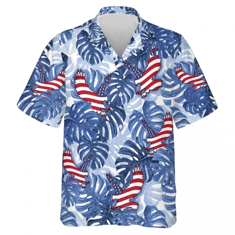 Usa Eagle Signature Unisex Flag Hawaii Shirt, Tropical Leaves Aloha Beach Shirts, V-neck Casual Men's Wear, Blue Lover Clothing