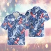 Usa Eagle Signature Unisex Flag Hawaii Shirt, Tropical Leaves Aloha Beach Shirts, V-neck Casual Men's Wear, Blue Lover Clothing