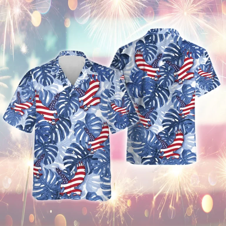 Usa Eagle Signature Unisex Flag Hawaii Shirt, Tropical Leaves Aloha Beach Shirts, V-neck Casual Men's Wear, Blue Lover Clothing