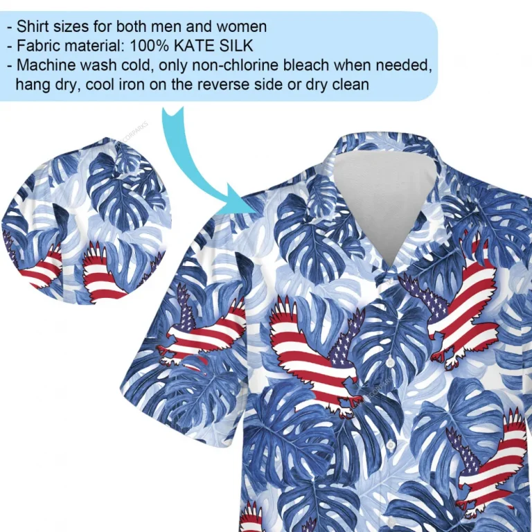 Usa Eagle Signature Unisex Flag Hawaii Shirt, Tropical Leaves Aloha Beach Shirts, V-neck Casual Men's Wear, Blue Lover Clothing