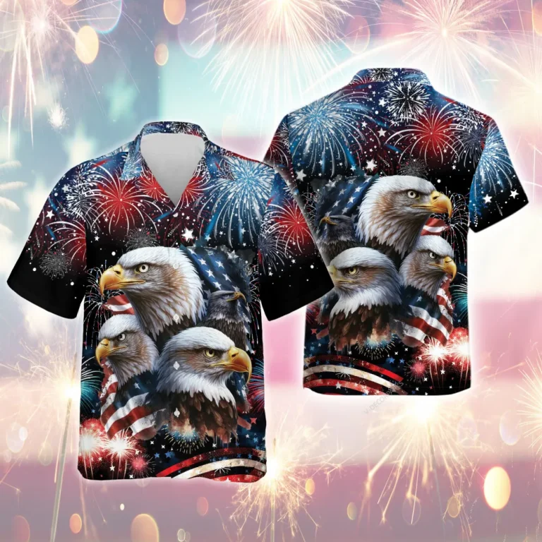 Independence Day Usa Eagles Hawaiian Shirt For Men Women, 4th Of July Ceremony Aloha Beach Shirts, Firework Pattern Mens Button Down Shirt