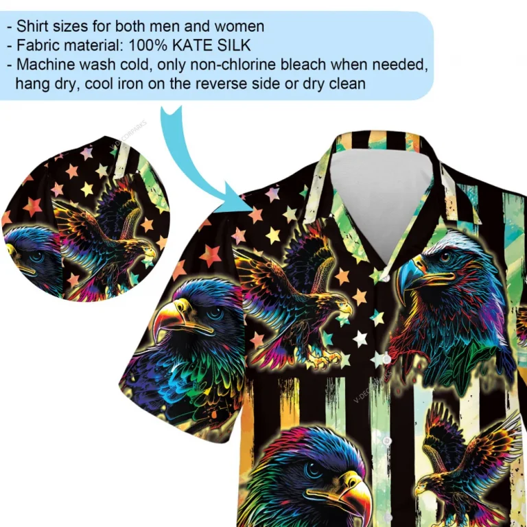 Multiple Neon Eagles Hawaii Shirt For Men Women, Monogram American Flag Printed Aloha Beach Shirts, Stripped Unisex Button Down Shirt