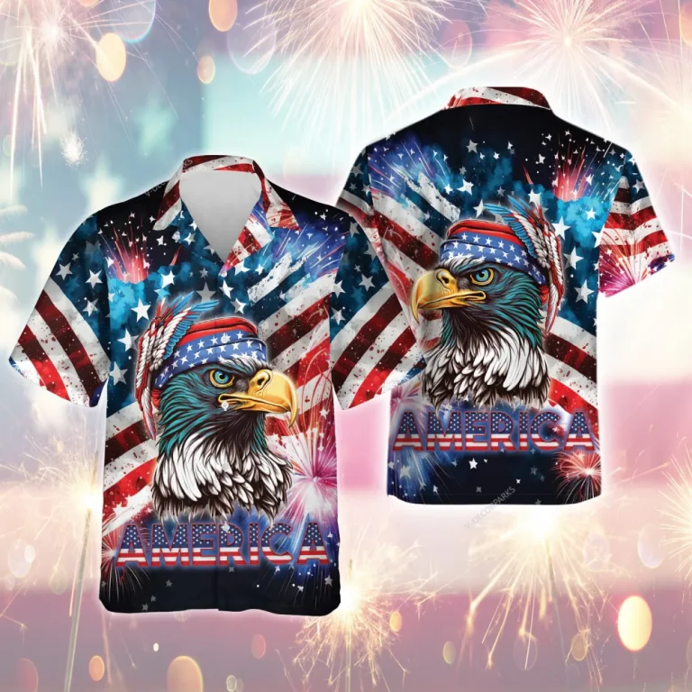 Native America Eagle Unisex Hawaiian Shirt, Independence Day 4th Of July Aloha Beach Shirts, Text Printed Men's Button Shirt, Family Group Clothing