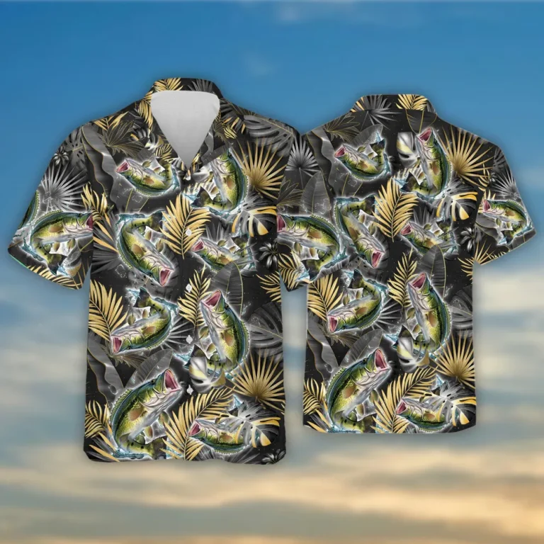 Groovy Bass Fish 3d Hawaiian Shirt, Tropical Leaves Pattern High Quality Shirt, Summer Aloha Beach Shirts, All Over Printed Unisex Shirt