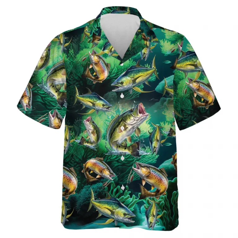 Fish Printed Travelling Hawaiian Shirt For Men Women, Green Coral Reefs Aloha Beach Shirts, Casual Hawaiian Family Wear, Button Down Shirt For Summer