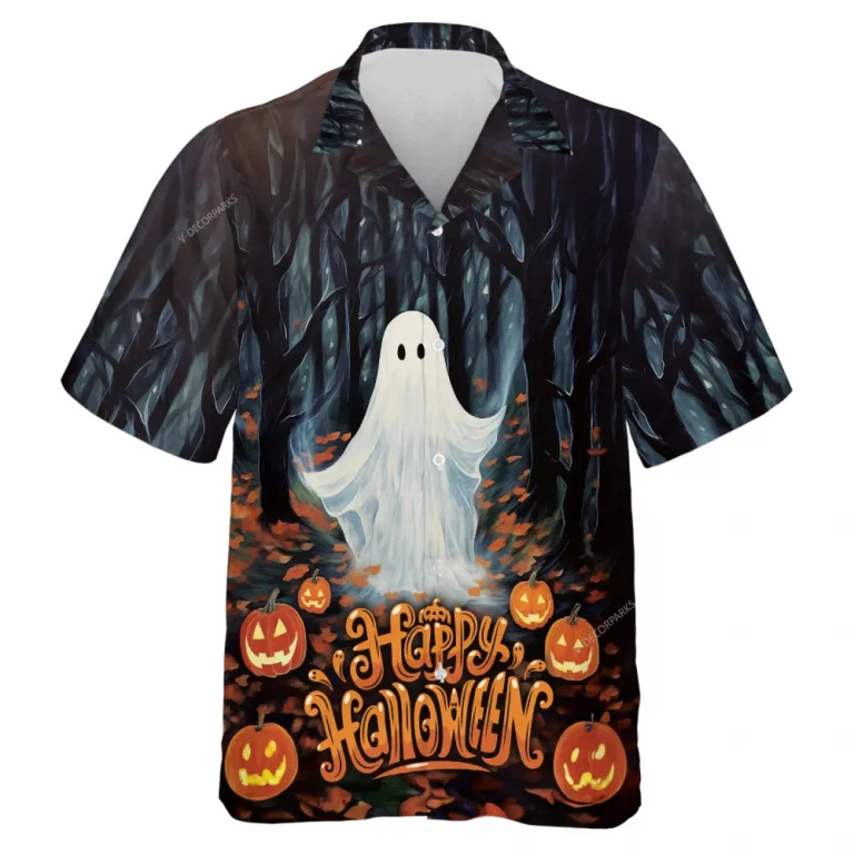 Funny Ghost In Dark Forest Unisex Hawaiian Shirt, Halloween Celebration Aloha Beach Button Down Shirt, Spooky Pumpkin Garden Pattern Clothing