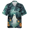 Spooky Halloween Pattern Unisex Hawaiian Shirt, Scary Pumpkin Aloha Beach Button Down Shirt, Water Demon Haunted Clothing, Forest Night Printed Top