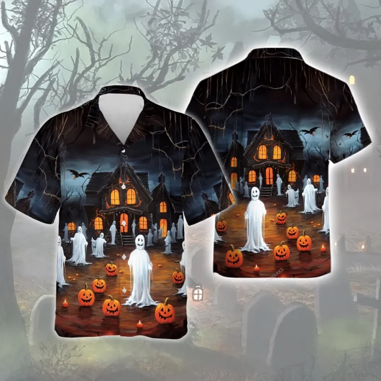 Scary Spook House Men Hawaiian Shirt, Halloween Party Aloha Shirt, Dark Mansion In The Field Designed Top, Tree Branches Pattern