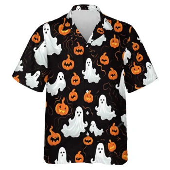 Ghost And Scary Pumpkins Men's Hawaii Shirt, Halloween Patterned Aloha Button Down Shirt, White Flying Spirit At Night Printed Clothing