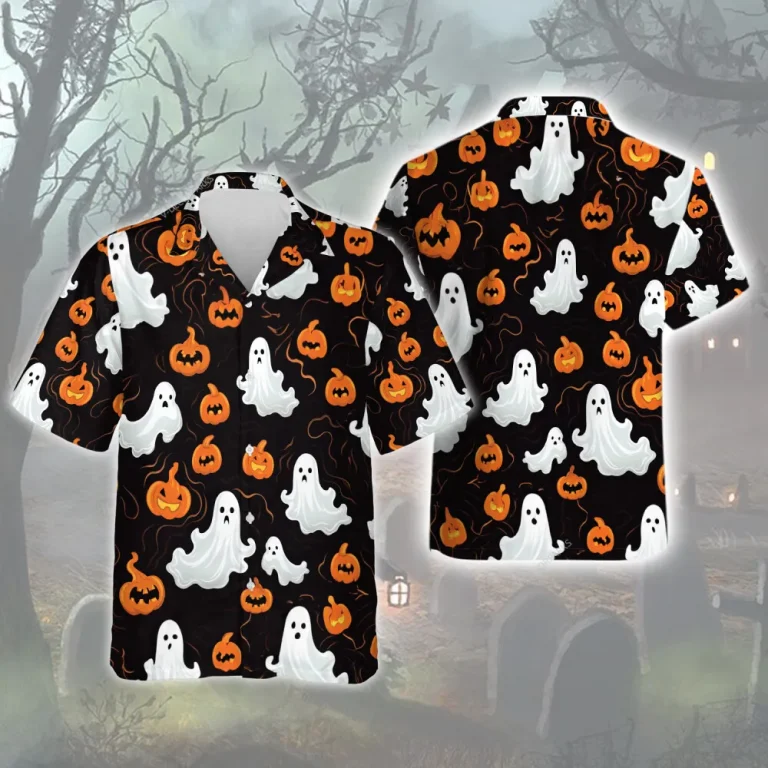 Ghost And Scary Pumpkins Men's Hawaii Shirt, Halloween Patterned Aloha Button Down Shirt, White Flying Spirit At Night Printed Clothing