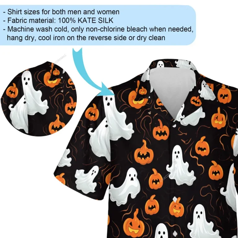 Ghost And Scary Pumpkins Men's Hawaii Shirt, Halloween Patterned Aloha Button Down Shirt, White Flying Spirit At Night Printed Clothing