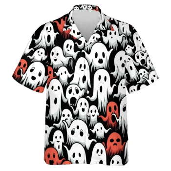 Funny Boo Ghost Men Hawaiian Shirt, White Shadow Pattern Aloha Beach Button Down Shirt, Halloween Traditional Clothing, Casual Men's Wear