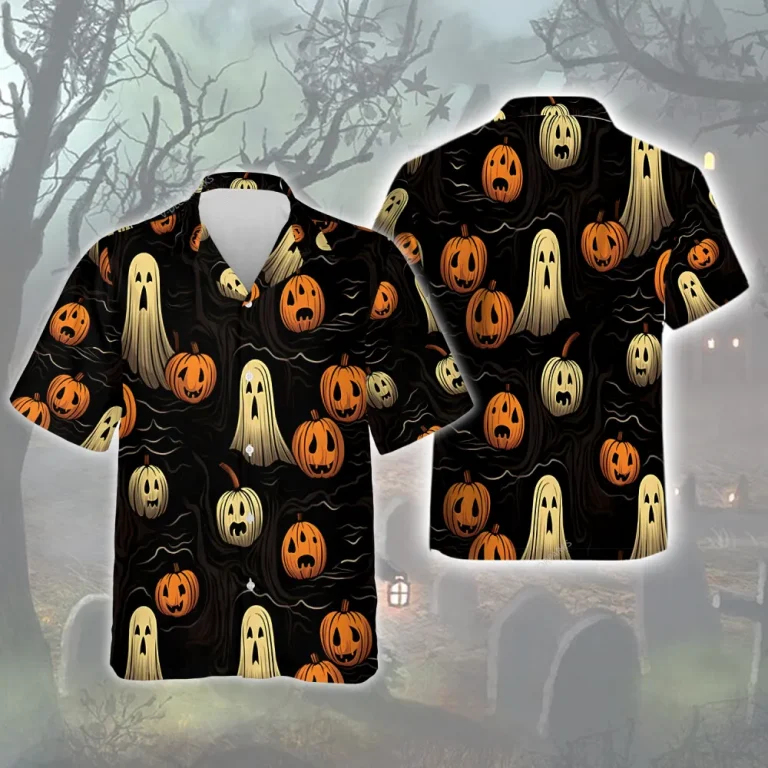 Spooky Ghost Pumpkin Men Hawaiian Shirt, Halloween Night Aloha Beach Button-down Shirts, Scary White Shadow Halloween Clothing