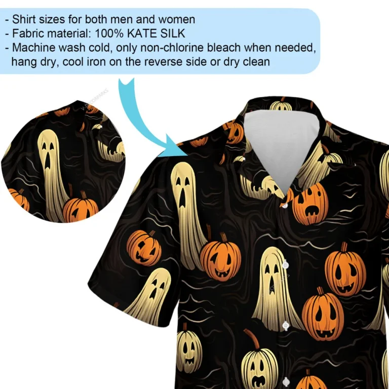 Spooky Ghost Pumpkin Men Hawaiian Shirt, Halloween Night Aloha Beach Button-down Shirts, Scary White Shadow Halloween Clothing