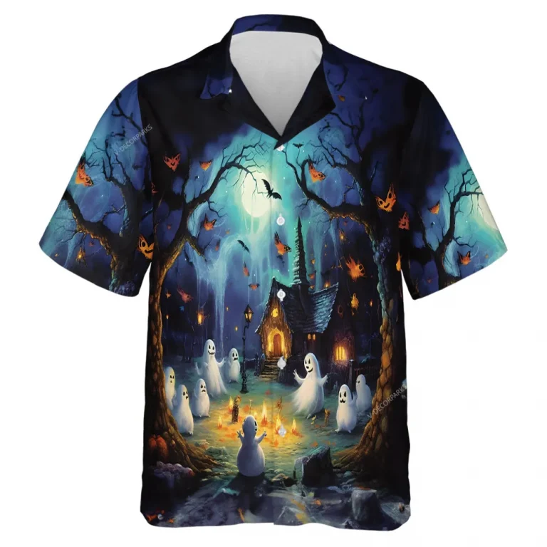 Spooky Ghost Campfire Hawaiian Shirt, Scary Pumpkin Aloha Unisex Shirts, Shadow Gathering At Night Printed Clothing, Relaxed Men's And Woman's Wear