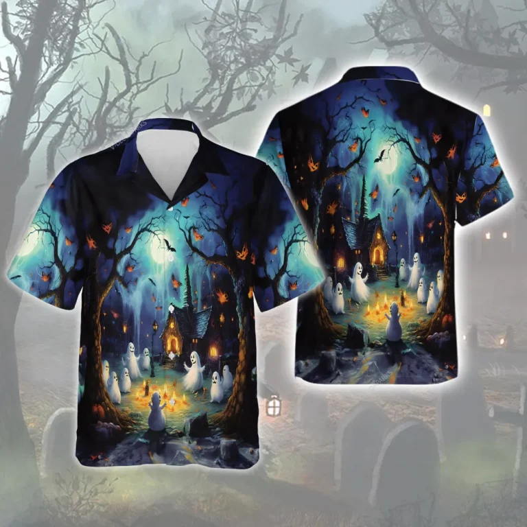 Spooky Ghost Campfire Hawaiian Shirt, Scary Pumpkin Aloha Unisex Shirts, Shadow Gathering At Night Printed Clothing, Relaxed Men's And Woman's Wear