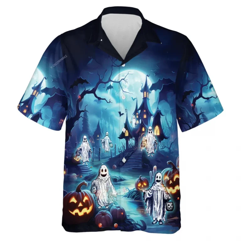 Ghost Inside The Castle Darkness Men Hawaiian Shirt, Pumpkin Lantern Aloha Beach Button-down Shirts, Creeptic Castle In Forest Printed Clothing