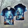 Ghost Inside The Castle Darkness Men Hawaiian Shirt, Pumpkin Lantern Aloha Beach Button-down Shirts, Creeptic Castle In Forest Printed Clothing