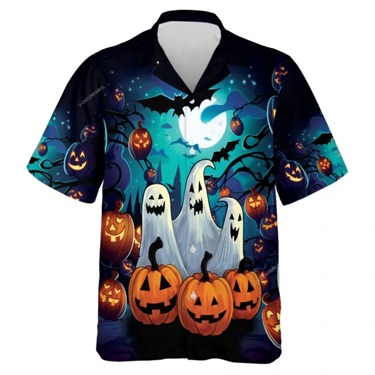 Triple Smiling Ghost Hawaiian Shirt, Halloween Spooky Candled Pumpkin Aloha Beach Button-down Shirts, Flying Bat In Dark Forest Printed Clothing