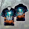 Triple Smiling Ghost Hawaiian Shirt, Halloween Spooky Candled Pumpkin Aloha Beach Button-down Shirts, Flying Bat In Dark Forest Printed Clothing