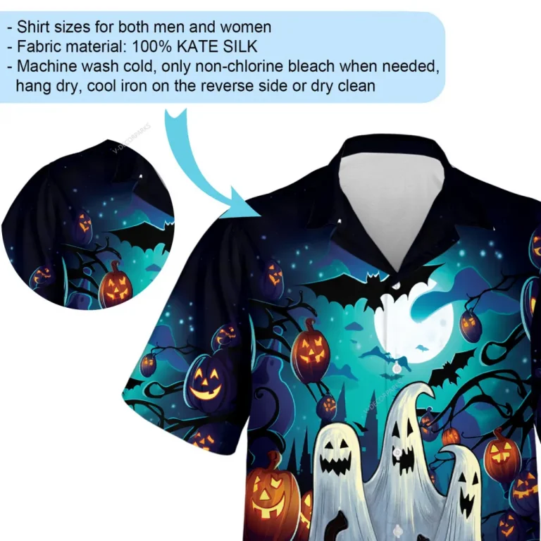 Triple Smiling Ghost Hawaiian Shirt, Halloween Spooky Candled Pumpkin Aloha Beach Button-down Shirts, Flying Bat In Dark Forest Printed Clothing